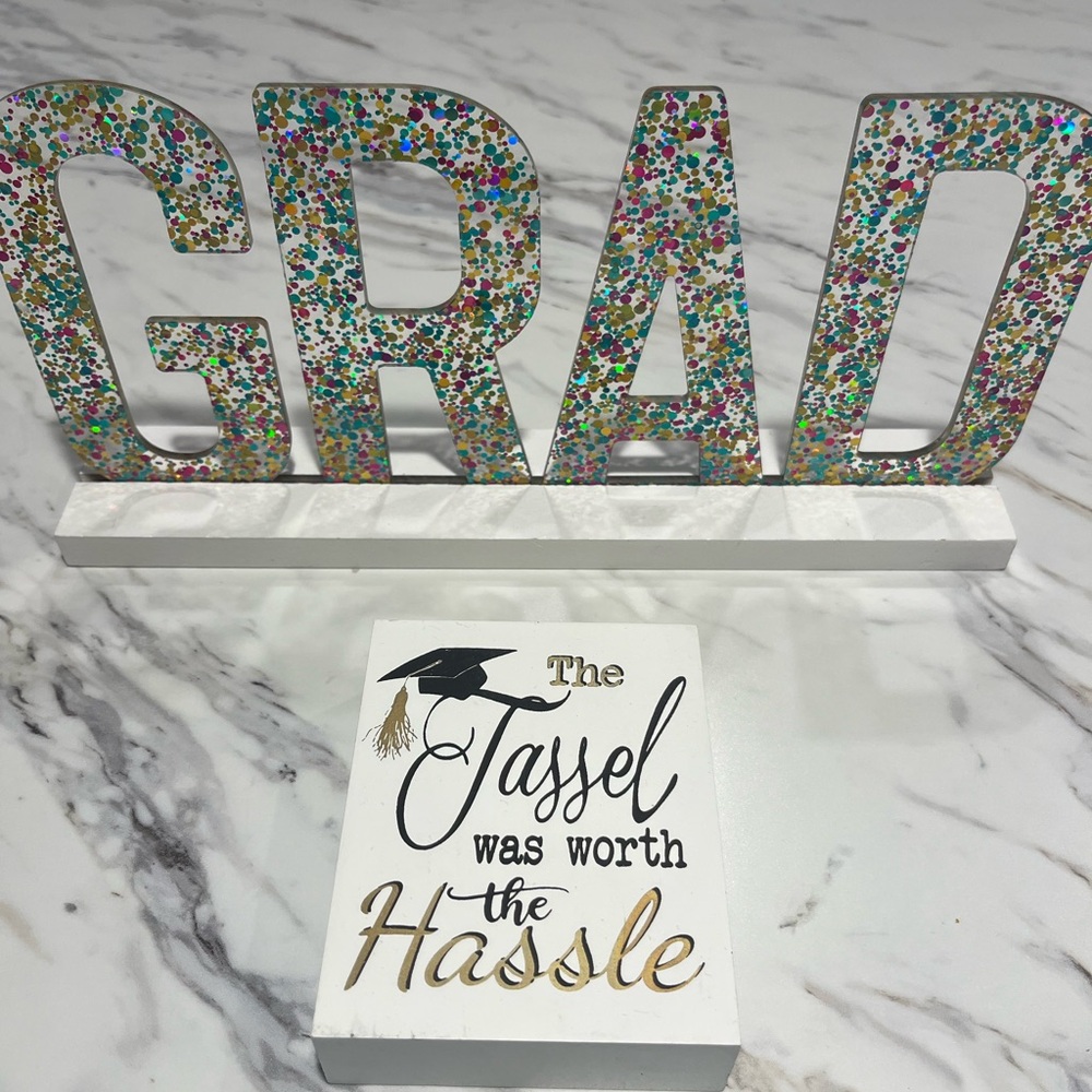 Colorful GRAD Sign with Graduation Plaque